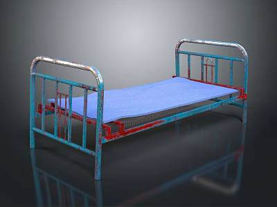 Rustic Metal Bed Frame With Blue Mattress And Red Blue Accents 3d model