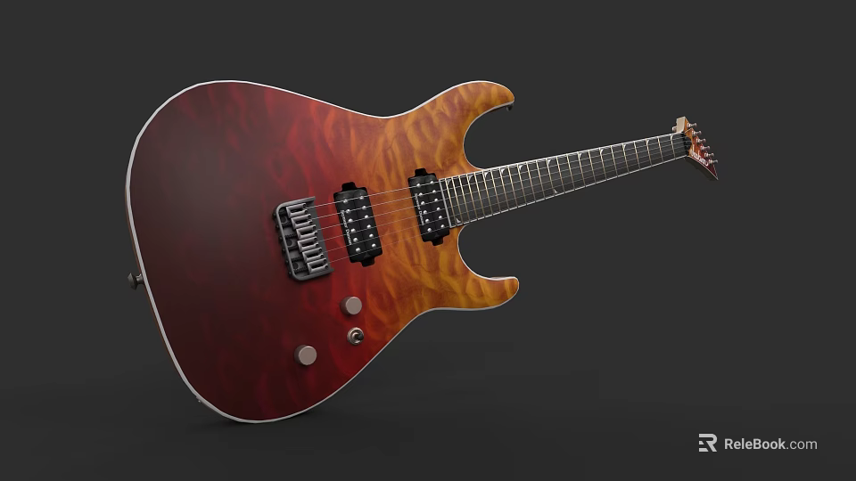 Electric Guitar Featuring Red Orange Gradient Body And Pickup Knob Details 3d model 