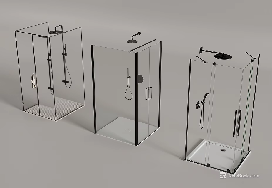 Three Modern Transparent Glass Shower Enclosures with Stylish Shower Heads 3d model 