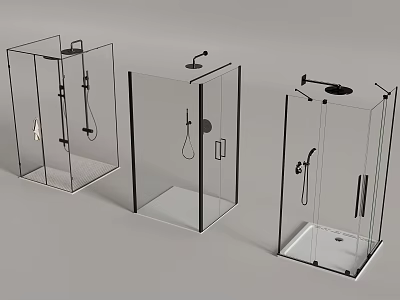 Three Modern Transparent Glass Shower Enclosures with Stylish Shower Heads 3d model