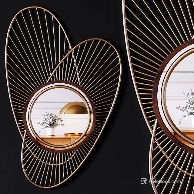 Stylish Decorative Mirrors With Gold Radial Metal Frames On Black Wall Reflecting Indoor Decor 3d model 