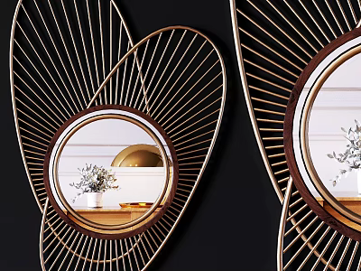 Stylish Decorative Mirrors With Gold Radial Metal Frames On Black Wall Reflecting Indoor Decor 3d model