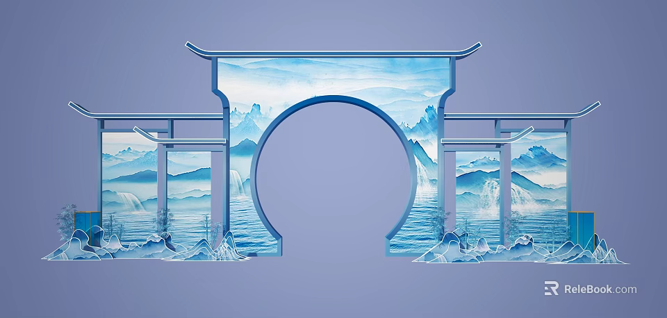 Chinese Archway With Blue Purple Landscape Painting And Traditional Decorative Elements 3d model 