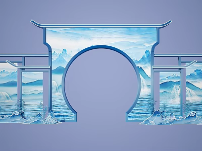 Chinese Archway With Blue Purple Landscape Painting And Traditional Decorative Elements 3d model