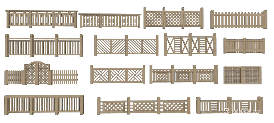Various Wooden Fence Designs With Lattice Patterns And Cross Structures 3d model 