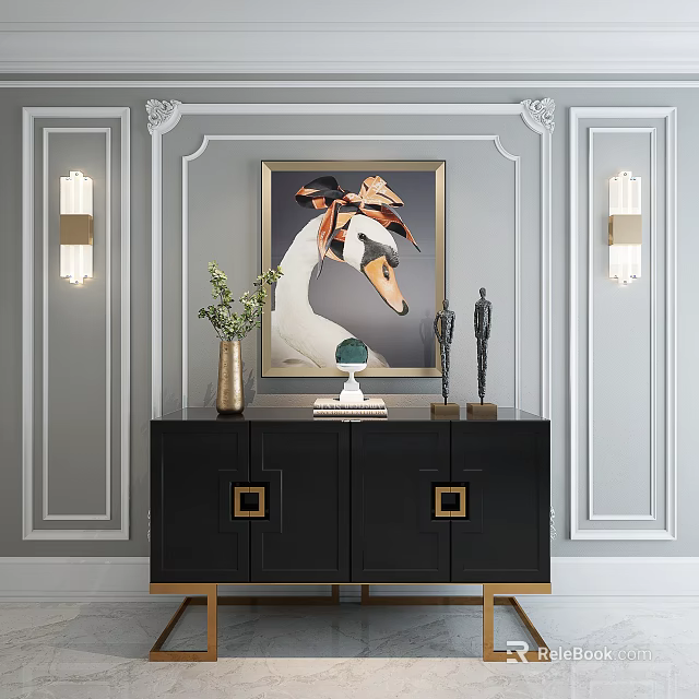 Elegant Black Console Table With Golden Legs Framed Painting And Wall Sconces On Gray Wall 3d model 