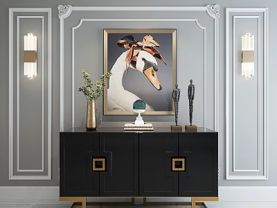 Elegant Black Console Table With Golden Legs Framed Painting And Wall Sconces On Gray Wall 3d model