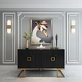 Elegant Black Console Table With Golden Legs Framed Painting And Wall Sconces On Gray Wall