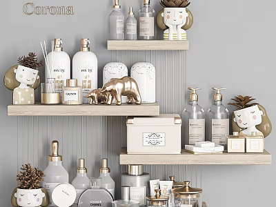 Stylish Bathroom Daily Wash Essentials On Organized Wooden Shelves With Cute Figurines And Pinecones 3d model