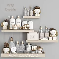 Stylish Bathroom Daily Wash Essentials On Organized Wooden Shelves With Cute Figurines And Pinecones