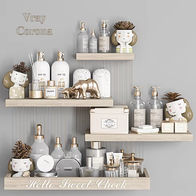 Stylish Bathroom Daily Wash Essentials On Organized Wooden Shelves With Cute Figurines And Pinecones 3d model