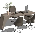 Modern Office Desk with Computer Monitor Potted Plant Keyboard Mouse and Ergonomic Chairs