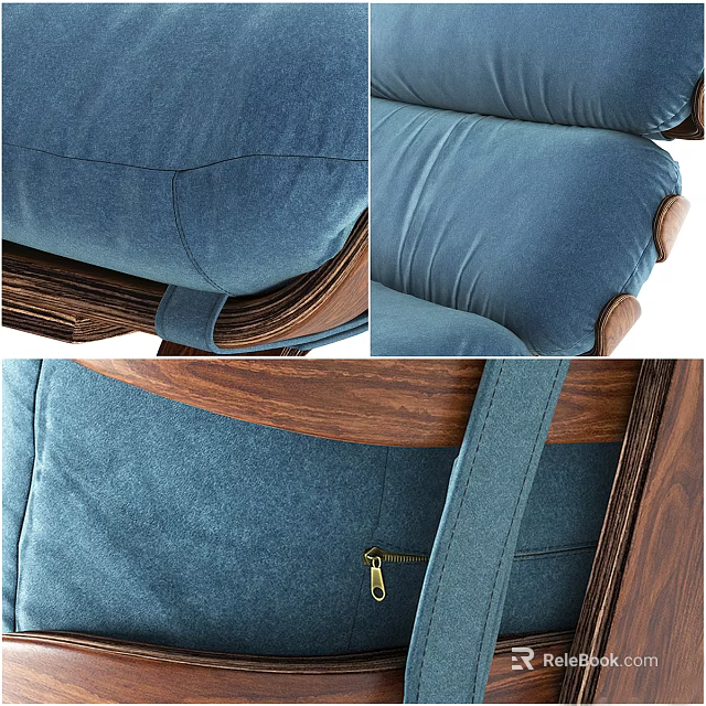 Blue Velvet Lounge Chair With Wooden Frame And Stitched Zipper Details 3d model 