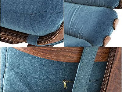 Blue Velvet Lounge Chair With Wooden Frame And Stitched Zipper Details 3d model