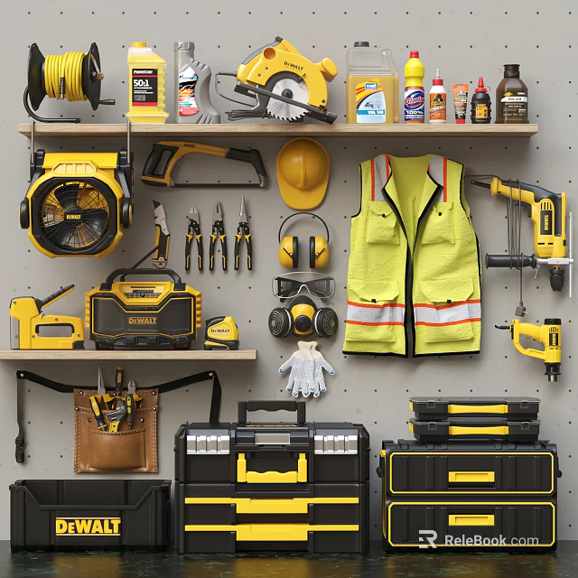 Complete Hardware Tools Collection With Power Drills Saws Safety Helmets Gloves And Toolboxes 3d model 