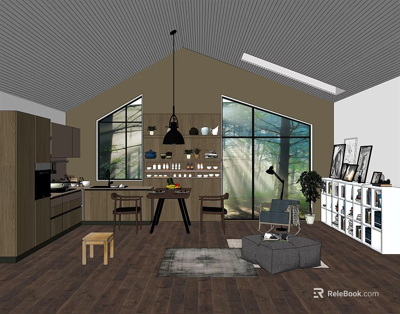 Modern Dining Table Set With Chairs Pendant Light And Large Windows Interior 3d model