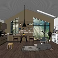 Modern Dining Table Set With Chairs Pendant Light And Large Windows Interior 3d model