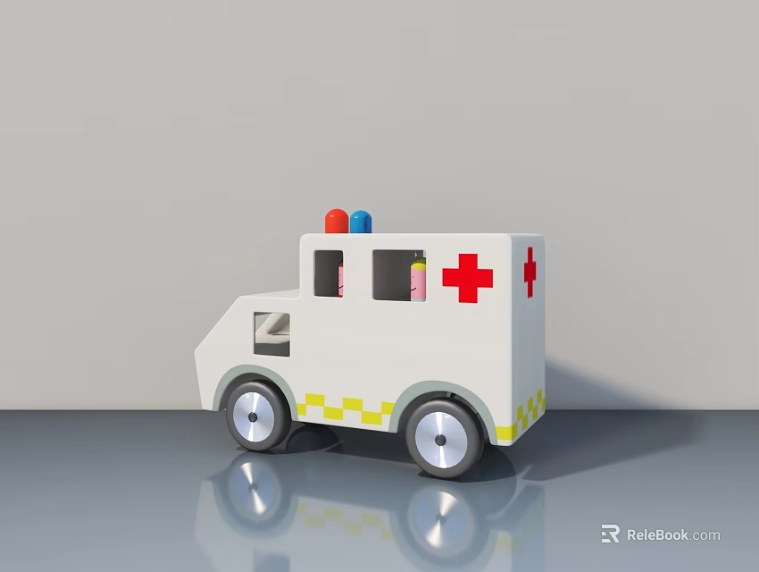 Toy Ambulance With Swing Door Red Cross Blue Red Siren And Yellow Stripes 3d model 