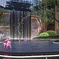 Modern Garden Landscape with Pink Giraffe and Deer Sculptures Water Pool Green Plants Illuminated Path