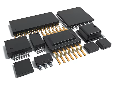 Various Electronic Chips And Semiconductor Components With Pins And Different Sizes 3d model