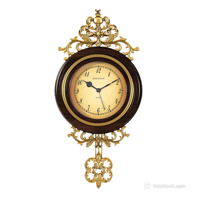Antique Wall Clock With Golden Ornate Design And Wooden Round Dial 3d model 