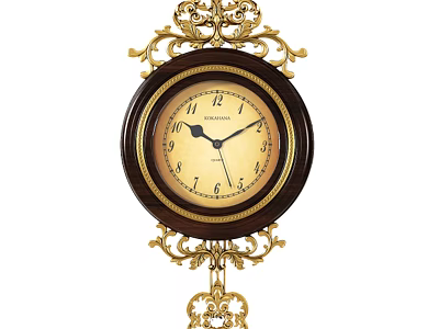 Antique Wall Clock With Golden Ornate Design And Wooden Round Dial 3d model