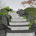 Garden Ornament Featuring Stone Steps Rocks Green Plants And Lanterns 3d model