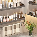 Bathroom Accessories Organized On Wall Mounted Shelves With Towel Hooks And Storage