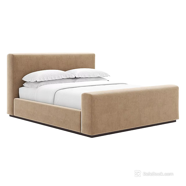 Modern Upholstered Double Bed Design With Beige Fabric Frame And White Bedding 3d model