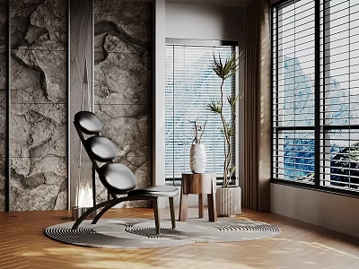 Modern Interior Decorative Ornament Set With Stone Wall Window Chair Side Table Plant And Rug 3d model