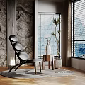 Modern Interior Decorative Ornament Set With Stone Wall Window Chair Side Table Plant And Rug