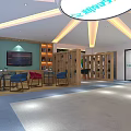 Modern Lounge Area Interior With Colorful Chairs Round Tables Wooden Shelves And Bright Lighting