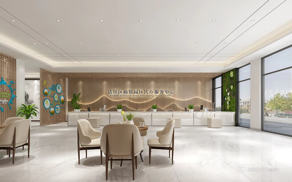 Modern Health Management Center Lobby With Seating Marble Floors And Plants 3d model 