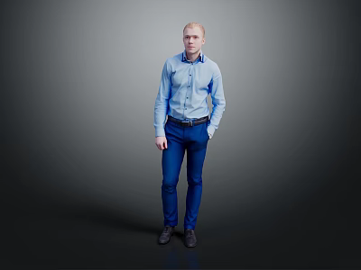 Man In Blue Shirt And Blue Pants Standing With Hands In Pockets Against Gray Background 3d model