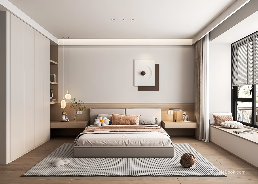 Modern Bedroom Interior With Bed Wardrobe Wall Art Curtains And Area Rug 3d model 