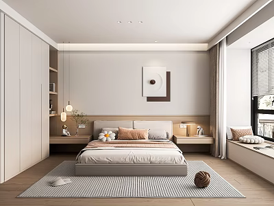 Modern Bedroom Interior With Bed Wardrobe Wall Art Curtains And Area Rug 3d model