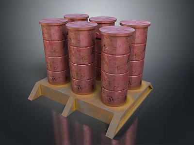 Six Red Barrels Stacked On Yellow Metal Storage Stand For Industrial Use 3d model