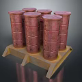 Six Red Barrels Stacked On Yellow Metal Storage Stand For Industrial Use