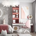 Kids Room Interior With Gray Dandelion Wallpaper Glowing Circular Decor Pink Chair And Red Bookshelf