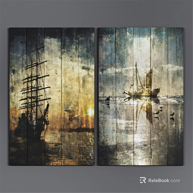 Vintage Two Panel Wooden Picture Frames With Ship Art Sunset Scene 3d model 