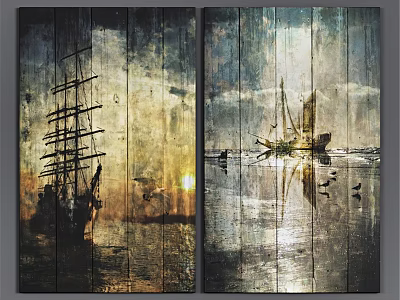 Vintage Two Panel Wooden Picture Frames With Ship Art Sunset Scene 3d model