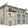 Semi Detached Villa With Stone Facade Multiple Windows Symmetrical Design And Roof Chimneys