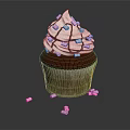 Chocolate Cupcake With White Frosting And Pink White Sprinkles On Black Background