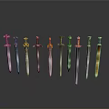Various Colored And Designed Swords Arranged In A Row With Gray Gradient Background And Reflections