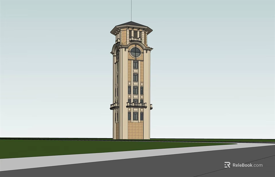 Classical Clock Tower Design With Multiple Floors Green Lawn And Road 3d model