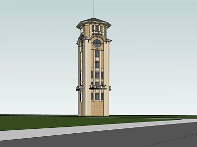 Classical Clock Tower Design With Multiple Floors Green Lawn And Road 3d model