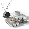 Modern Decorative Ornament Set With Geometric Vase Books White Bowl Ring Ornaments And Silver Tray