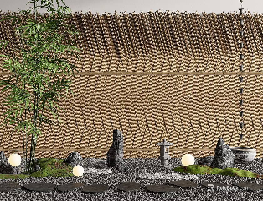 Natural Bamboo Weave Partition With Stones Lanterns And Moss In Zen Garden 3d model 
