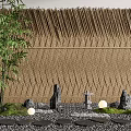 Natural Bamboo Weave Partition With Stones Lanterns And Moss In Zen Garden