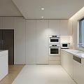 Sleek Modern Kitchen Interior With White Cabinets Countertop Window Blinds And Appliances